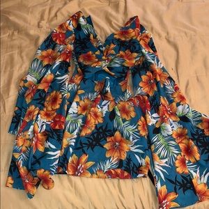 Tropical print, flared armed, open center dress